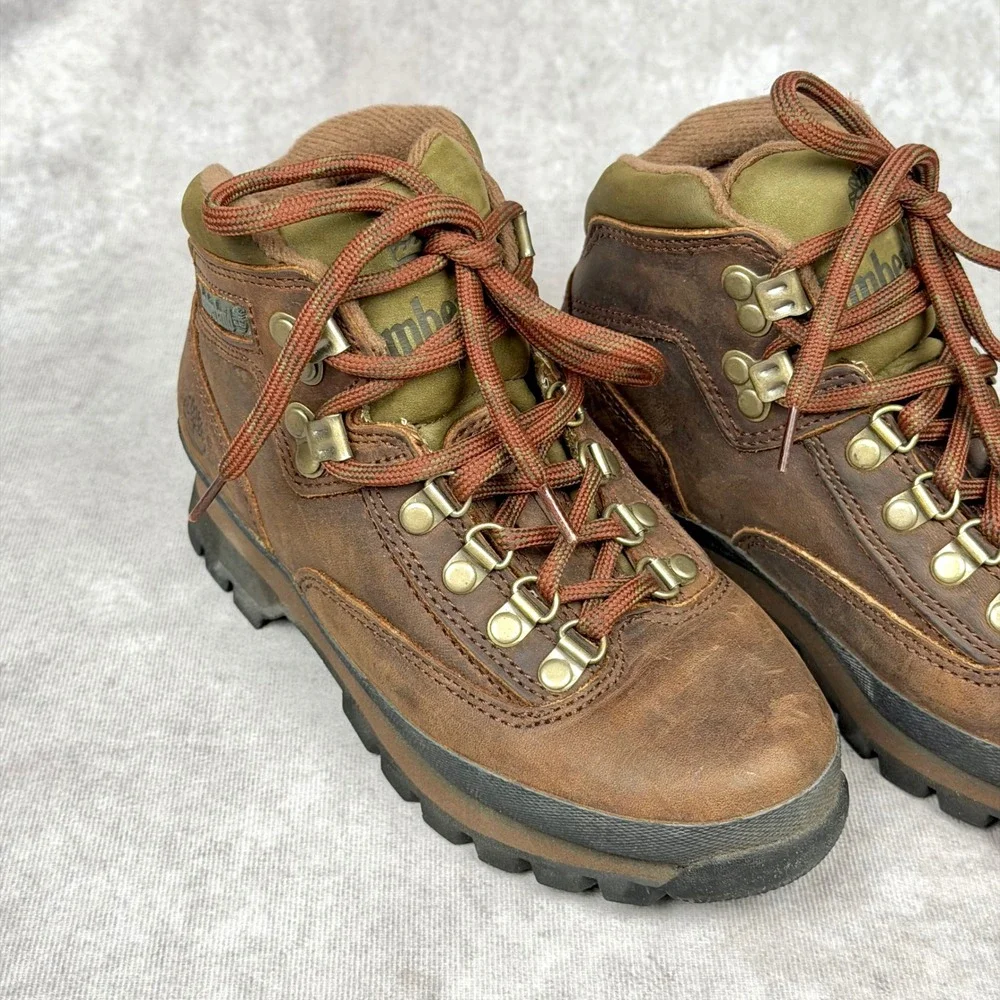 Timberland Euro Hiker Brown Leather Olive Green Boots Size 5M Women's Kids